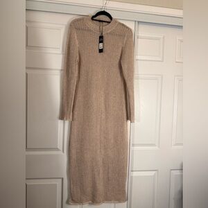Long-Sleeve Knit Midi Dress in Light Beige